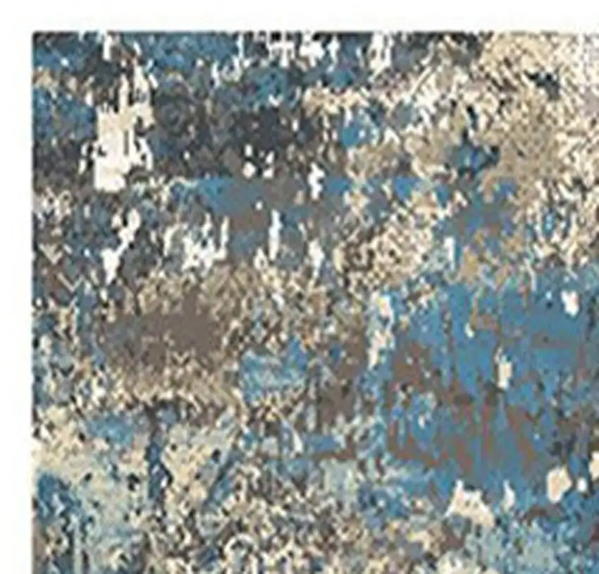 8' Beige Blue and Ivory Abstract Distressed Runner Rug With Fringe Photo 4