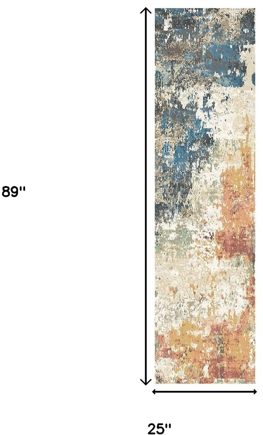 8' Beige Blue and Ivory Abstract Distressed Runner Rug With Fringe Photo 6