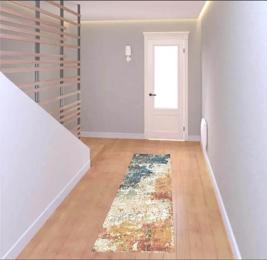 8' Beige Blue and Ivory Abstract Distressed Runner Rug With Fringe Photo 2