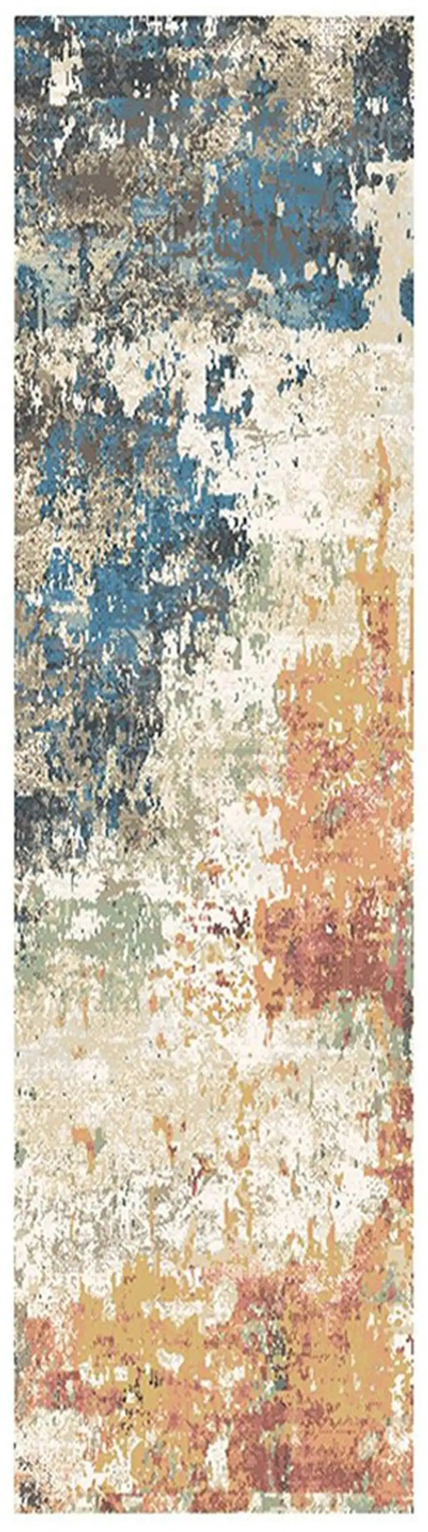 8' Beige Blue and Ivory Abstract Distressed Runner Rug With Fringe Photo 1