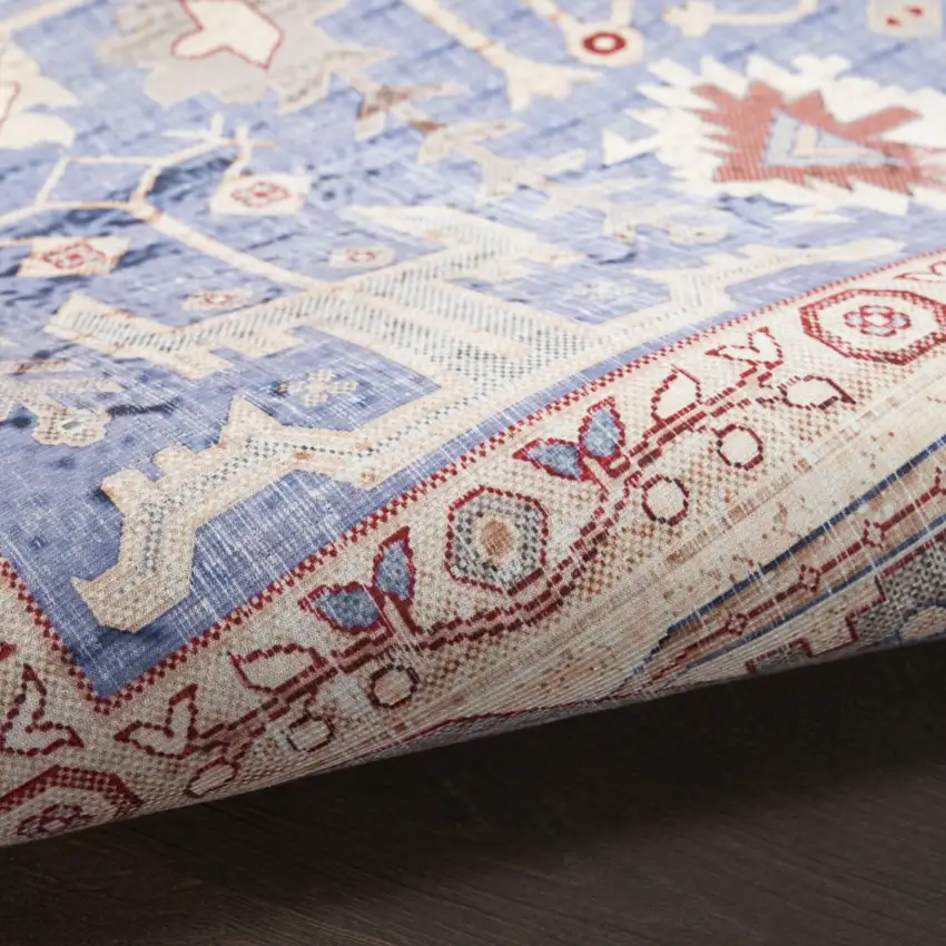 8' Beige Blue and Red Oriental Distressed Non Skid Runner Rug Photo 6