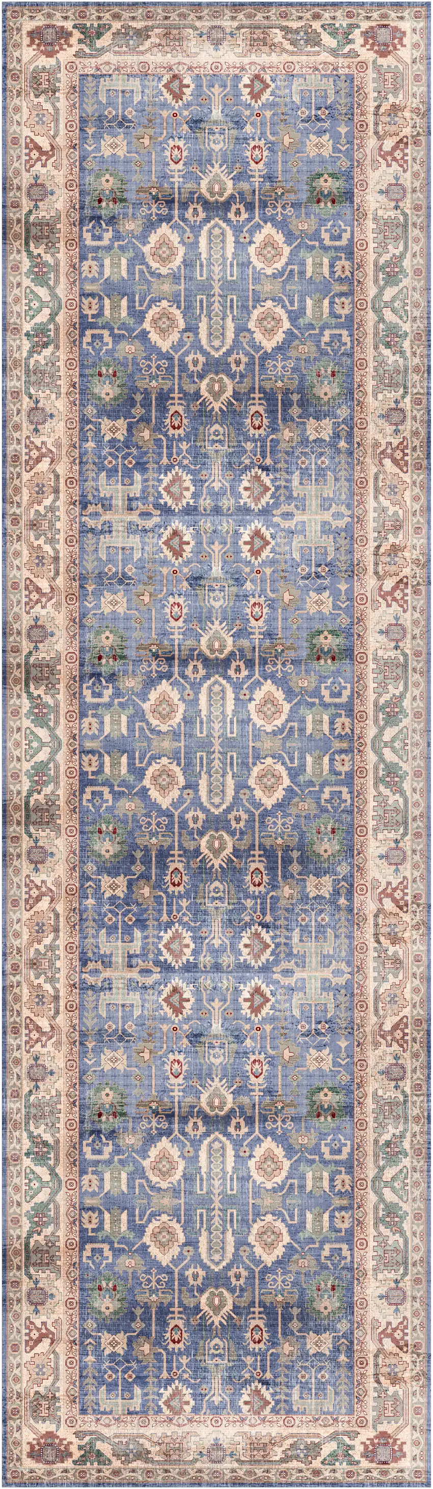 8' Beige Blue and Red Oriental Distressed Non Skid Runner Rug Photo 2