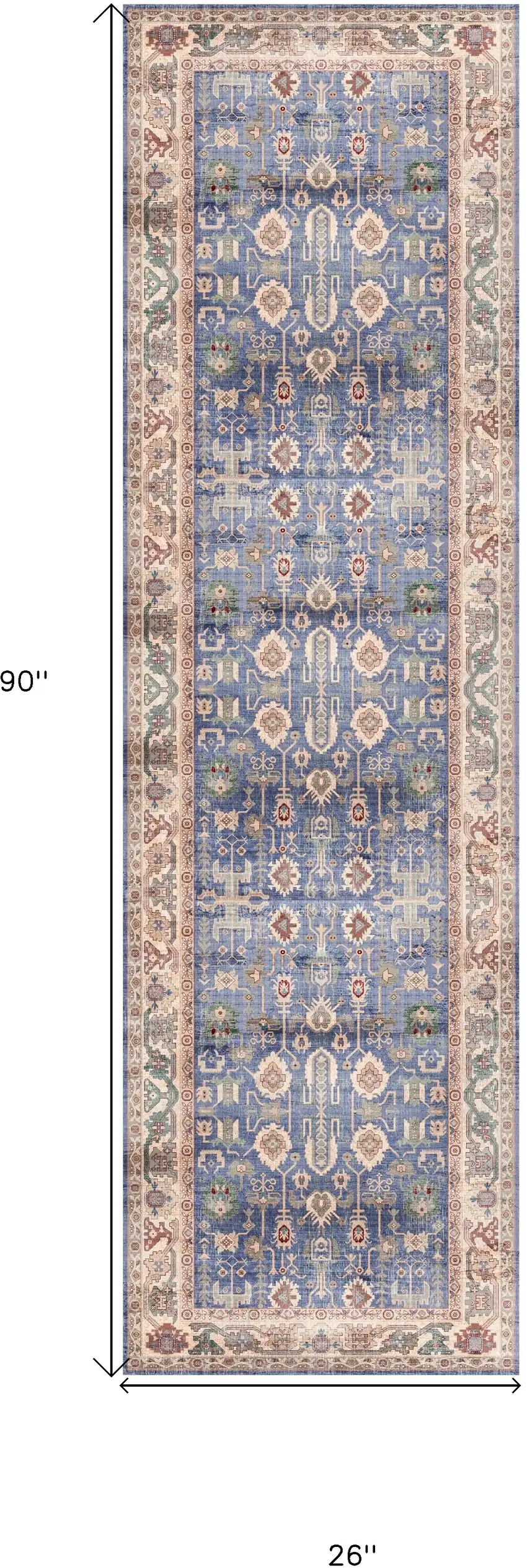 8' Beige Blue and Red Oriental Distressed Non Skid Runner Rug Photo 3