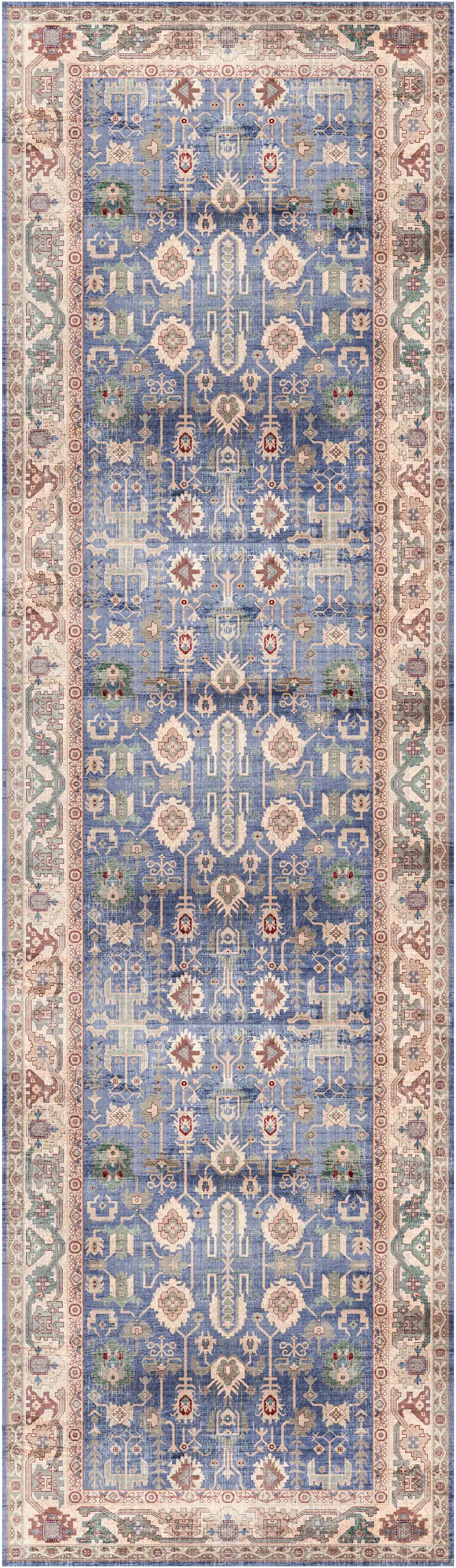 8' Beige Blue and Red Oriental Distressed Non Skid Runner Rug Photo 8