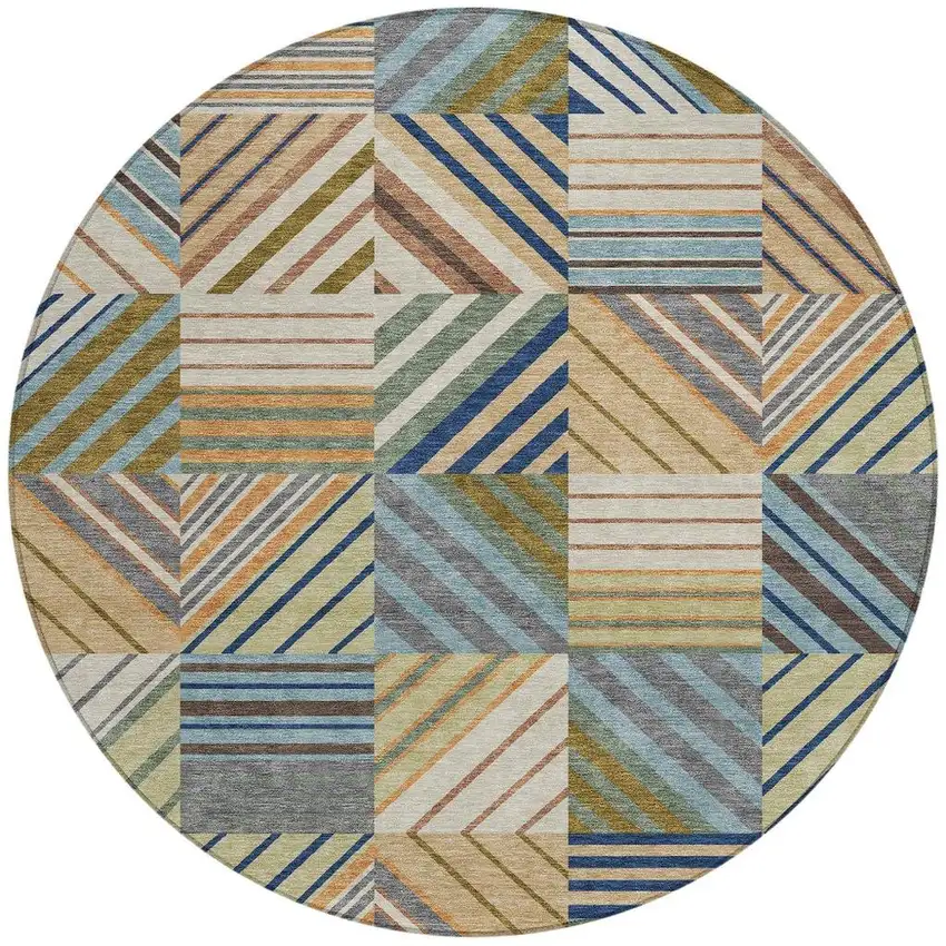 8' Beige Brown And Blue Round Patchwork Washable Indoor Outdoor Area Rug Photo 3
