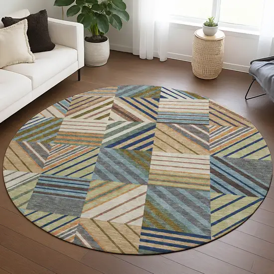 8' Beige Brown And Blue Round Patchwork Washable Indoor Outdoor Area Rug Photo 5