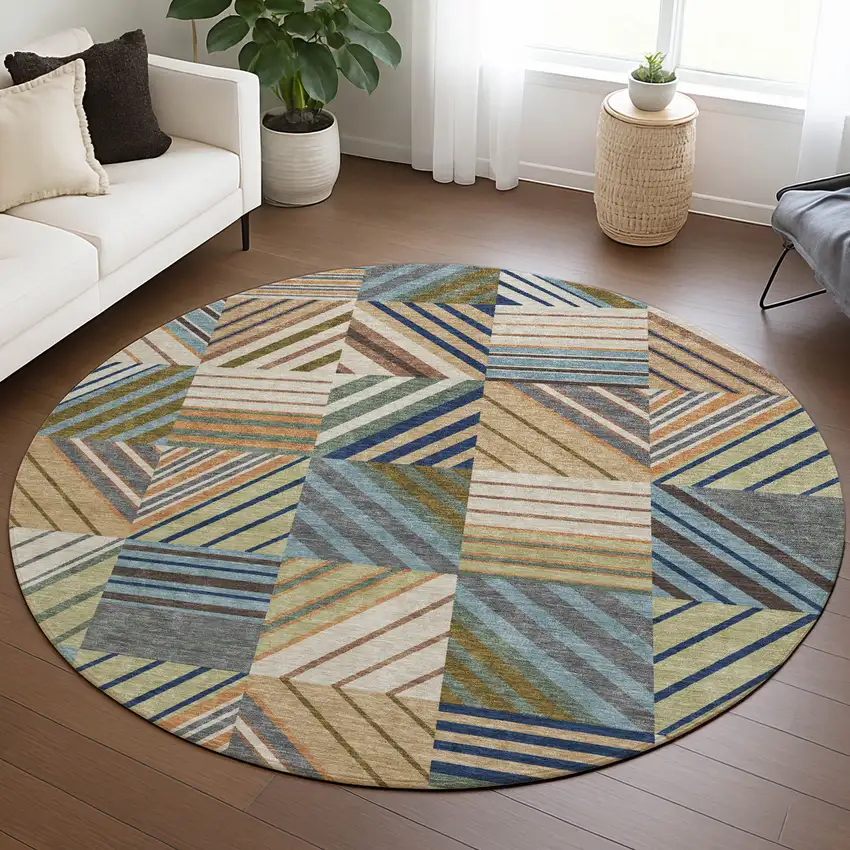 8' Beige Brown And Blue Round Patchwork Washable Indoor Outdoor Area Rug Photo 5