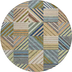 Photo of 8' Beige Brown And Blue Round Patchwork Washable Indoor Outdoor Area Rug