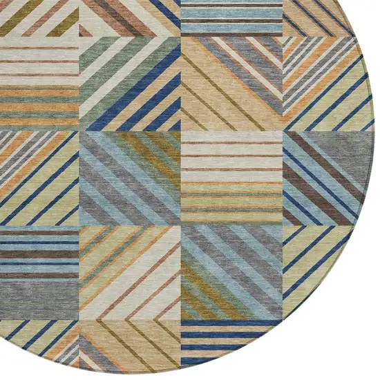 8' Beige Brown And Blue Round Patchwork Washable Indoor Outdoor Area Rug Photo 2