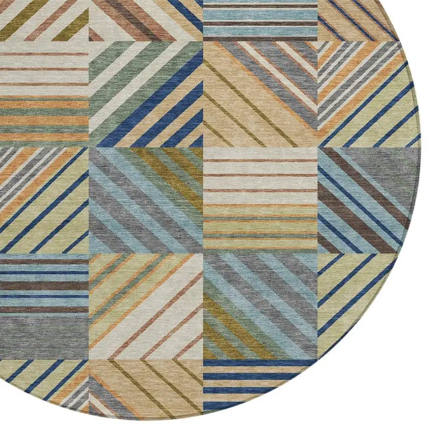 8' Beige Brown And Blue Round Patchwork Washable Indoor Outdoor Area Rug Photo 2