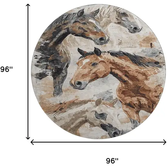 8' Beige Brown And Charcoal Animal Print Washable Round Rug With UV Protection Photo 9