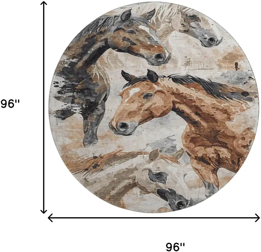 8' Beige Brown And Charcoal Animal Print Washable Round Rug With UV Protection Photo 9