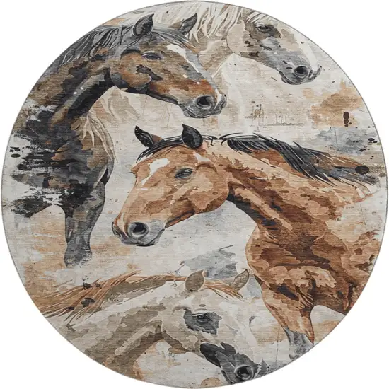 8' Beige Brown And Charcoal Animal Print Washable Round Rug With UV Protection Photo 1