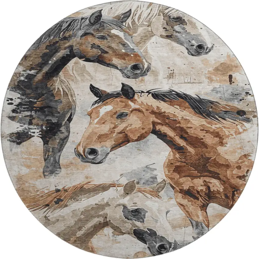 8' Beige Brown And Charcoal Animal Print Washable Round Rug With UV Protection Photo 1