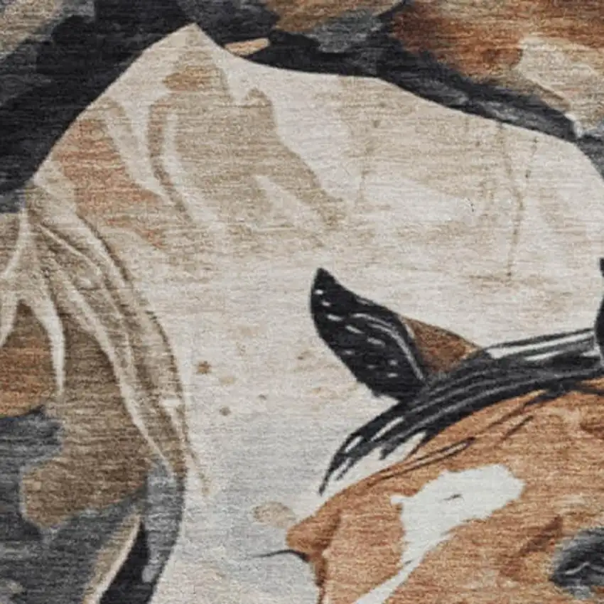 8' Beige Brown And Charcoal Animal Print Washable Round Rug With UV Protection Photo 2