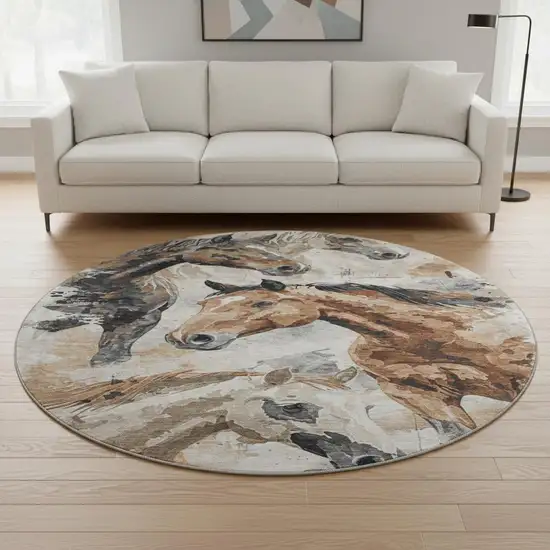 8' Beige Brown And Charcoal Animal Print Washable Round Rug With UV Protection Photo 2
