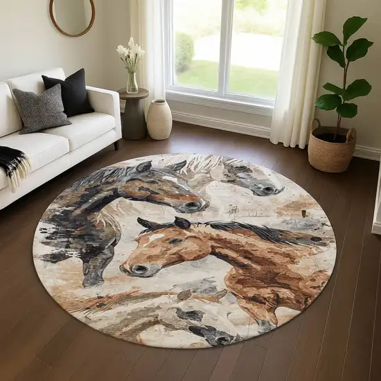 8' Beige Brown And Charcoal Animal Print Washable Round Rug With UV Protection Photo 4