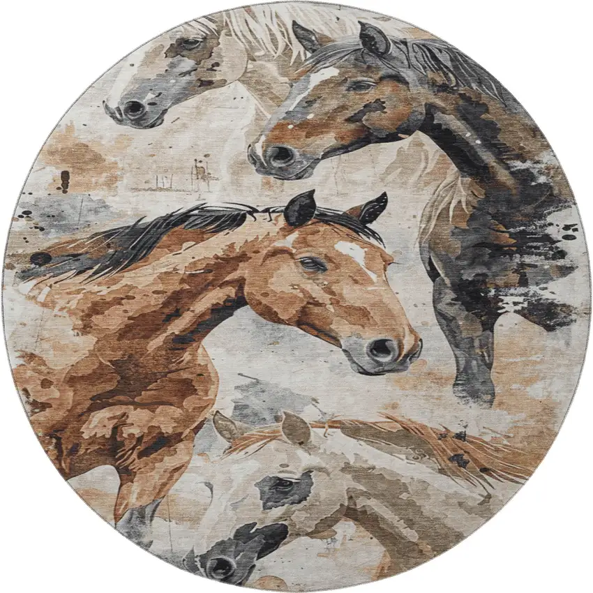 8' Beige Brown And Charcoal Animal Print Washable Round Rug With UV Protection Photo 3