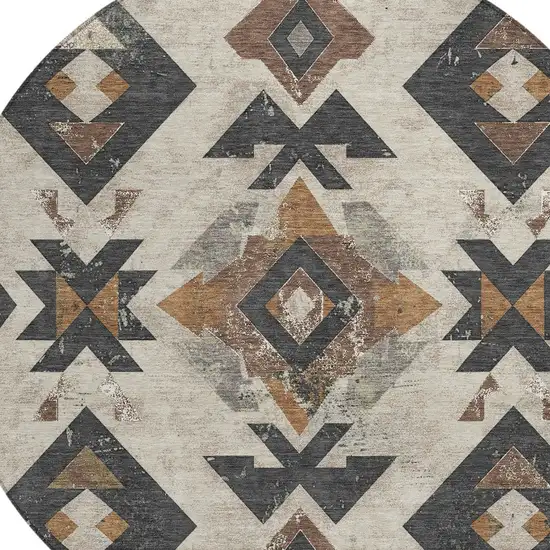 8' Beige Brown And Charcoal Round Aztec Washable Indoor Outdoor Area Rug Photo 9