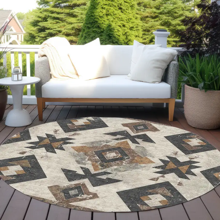 8' Beige Brown And Charcoal Round Aztec Washable Indoor Outdoor Area Rug Photo 5