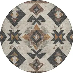 Photo of 8' Beige Brown And Charcoal Round Aztec Washable Indoor Outdoor Area Rug