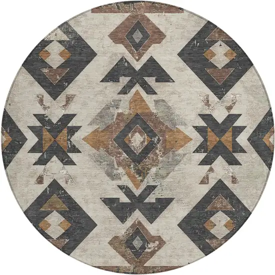 8' Beige Brown And Charcoal Round Aztec Washable Indoor Outdoor Area Rug Photo 1