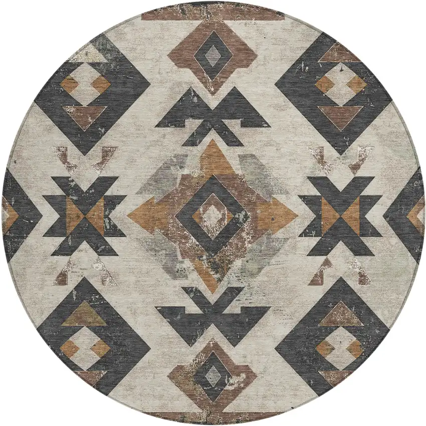 8' Beige Brown And Charcoal Round Aztec Washable Indoor Outdoor Area Rug Photo 1