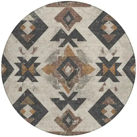 8' Beige Brown And Charcoal Round Aztec Washable Indoor Outdoor Area Rug Photo 3