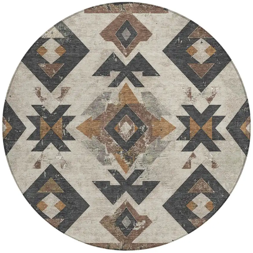 8' Beige Brown And Charcoal Round Aztec Washable Indoor Outdoor Area Rug Photo 3