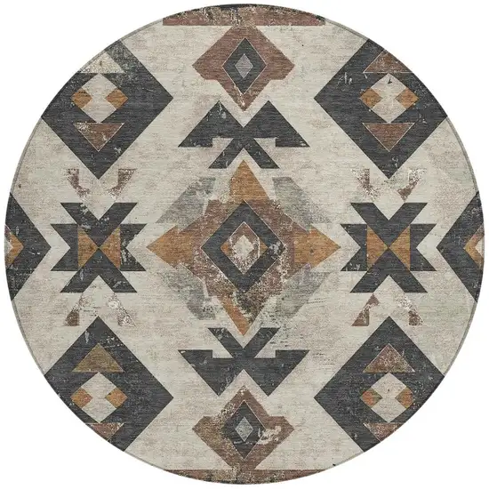 8' Beige Brown And Charcoal Round Aztec Washable Indoor Outdoor Area Rug Photo 4
