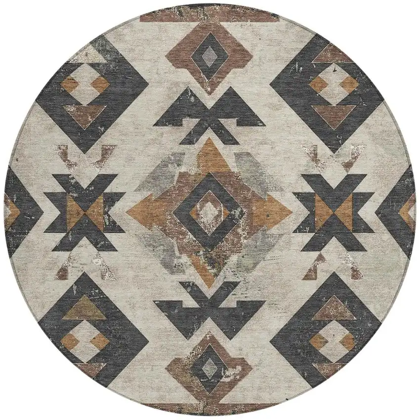 8' Beige Brown And Charcoal Round Aztec Washable Indoor Outdoor Area Rug Photo 4