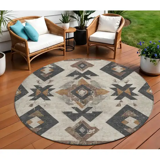 8' Beige Brown And Charcoal Round Aztec Washable Indoor Outdoor Area Rug Photo 2