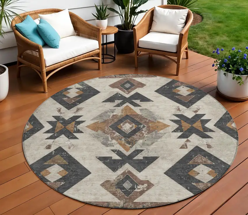 8' Beige Brown And Charcoal Round Aztec Washable Indoor Outdoor Area Rug Photo 2