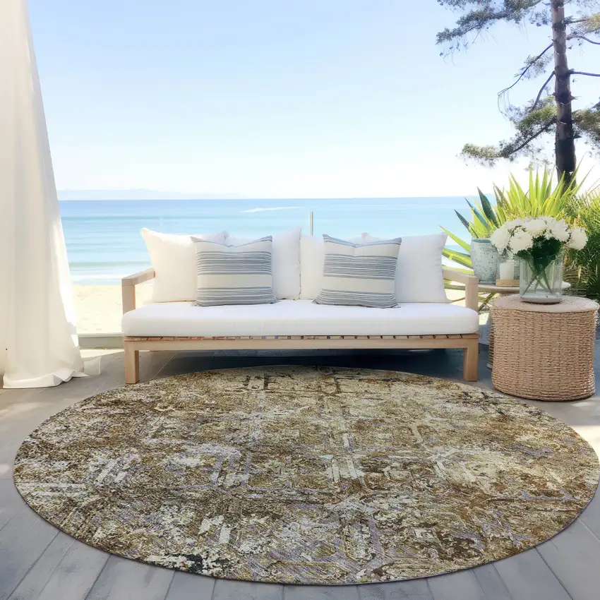 8' Beige Brown And Copper Round Geometric Washable Indoor Outdoor Area Rug Photo 5