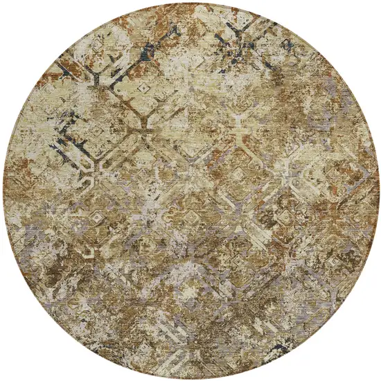 8' Beige Brown And Copper Round Geometric Washable Indoor Outdoor Area Rug Photo 1