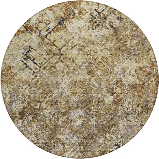 8' Beige Brown And Copper Round Geometric Washable Indoor Outdoor Area Rug Photo 1