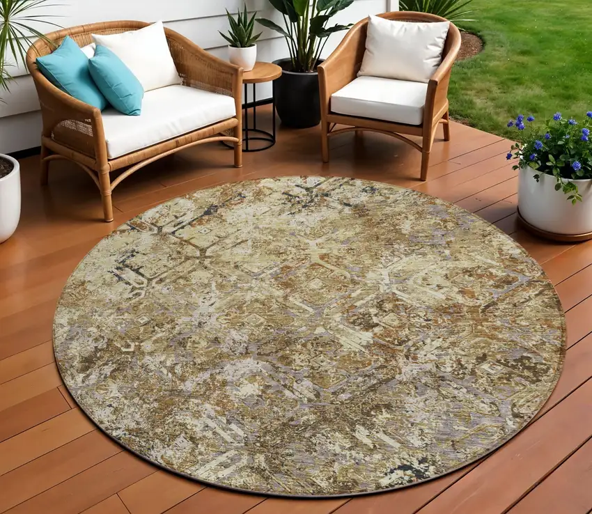 8' Beige Brown And Copper Round Geometric Washable Indoor Outdoor Area Rug Photo 1
