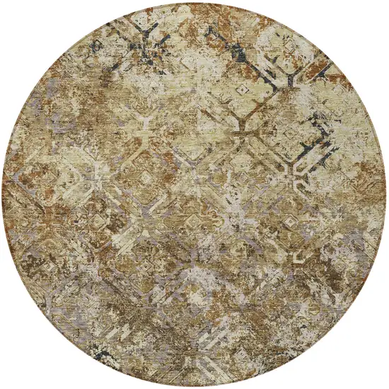 8' Beige Brown And Copper Round Geometric Washable Indoor Outdoor Area Rug Photo 4