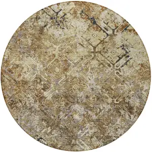 Photo of 8' Beige Brown And Copper Round Geometric Washable Indoor Outdoor Area Rug