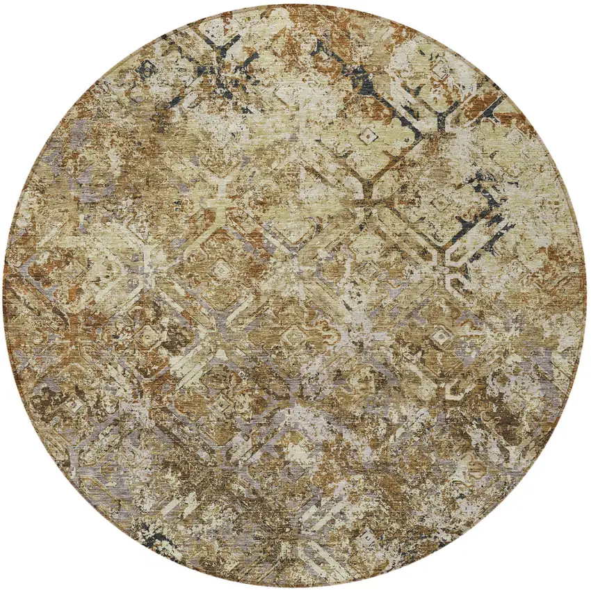 8' Beige Brown And Copper Round Geometric Washable Indoor Outdoor Area Rug Photo 4
