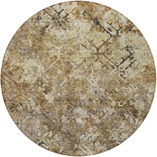8' Beige Brown And Copper Round Geometric Washable Indoor Outdoor Area Rug Photo 4
