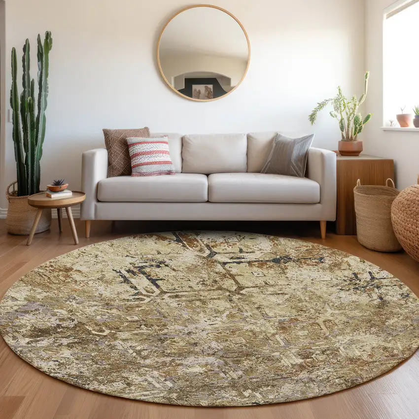 8' Beige Brown And Copper Round Geometric Washable Indoor Outdoor Area Rug Photo 6
