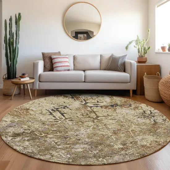 8' Beige Brown And Copper Round Geometric Washable Indoor Outdoor Area Rug Photo 6
