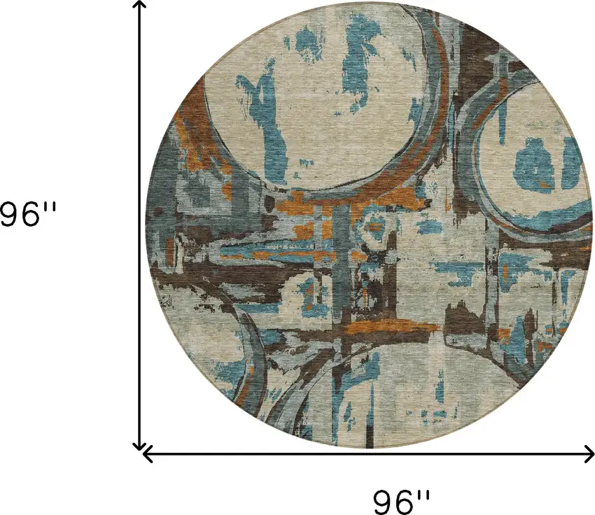 8' Beige Brown And Copper Round Geometric Washable Indoor Outdoor Area Rug Photo 3
