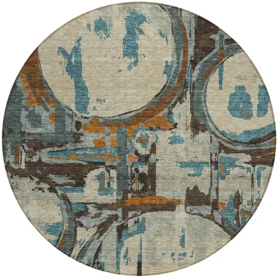 8' Beige Brown And Copper Round Geometric Washable Indoor Outdoor Area Rug Photo 2