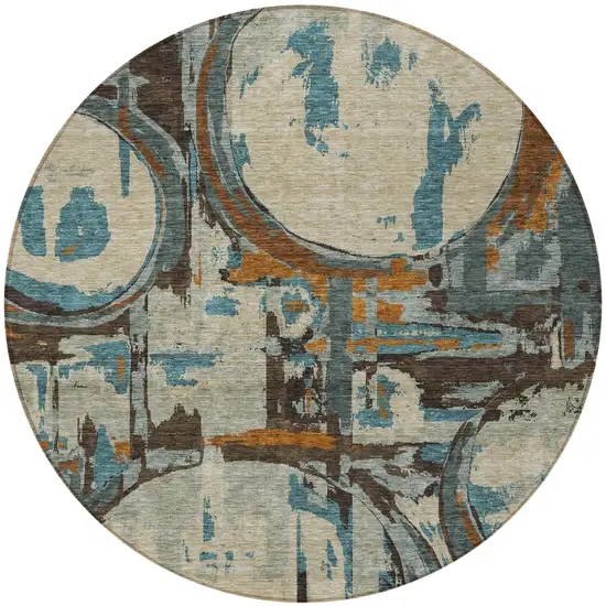 8' Beige Brown And Copper Round Geometric Washable Indoor Outdoor Area Rug Photo 6