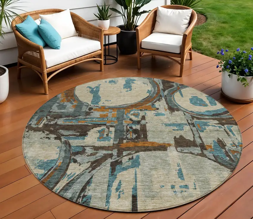 8' Beige Brown And Copper Round Geometric Washable Indoor Outdoor Area Rug Photo 1