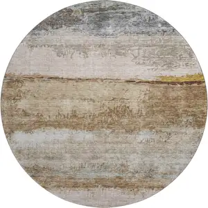 Photo of 8' Beige Brown And Gray Abstract Washable Round Rug With UV Protection