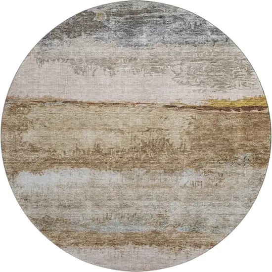 8' Beige Brown And Gray Abstract Washable Round Rug With UV Protection Photo 1