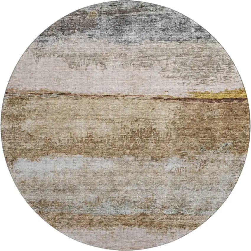 8' Beige Brown And Gray Abstract Washable Round Rug With UV Protection Photo 1